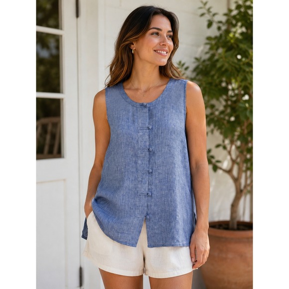 J. Jill Tops - J. Jill Love Linen Blue Sleeveless Frog Closure Tunic Top M Medium Button Front